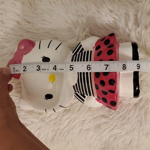 Hello Kitty Ceramic Coin Bank 8" Tall. Pink Polka Dot Skirt, Striped Blouse - Picture 8 of 10